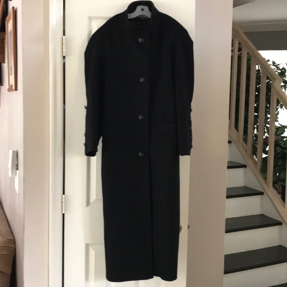 Portrait Made in USA ladies long black wool coat.